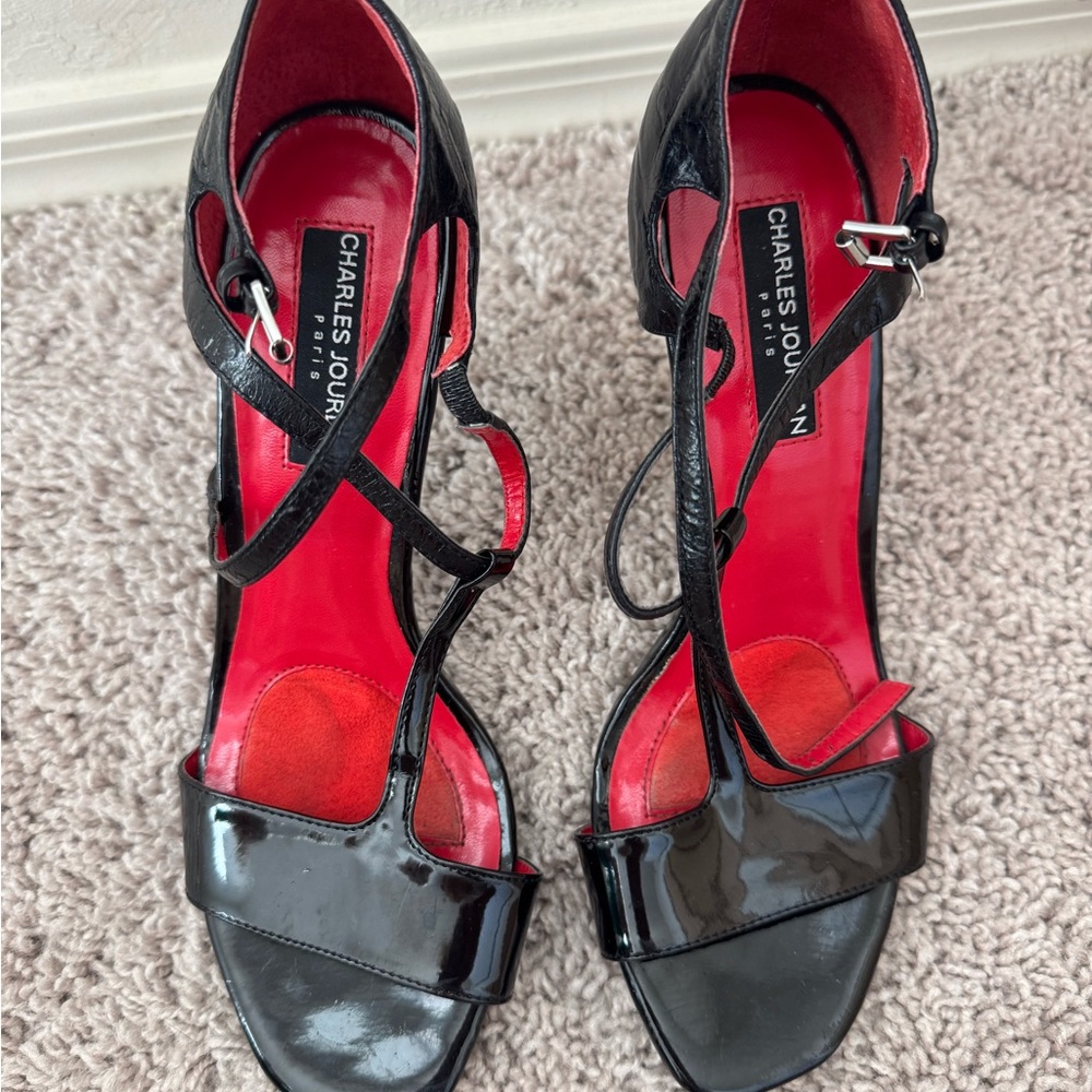 Charles Jourdan Glossy Black and Vibrant Red Heels